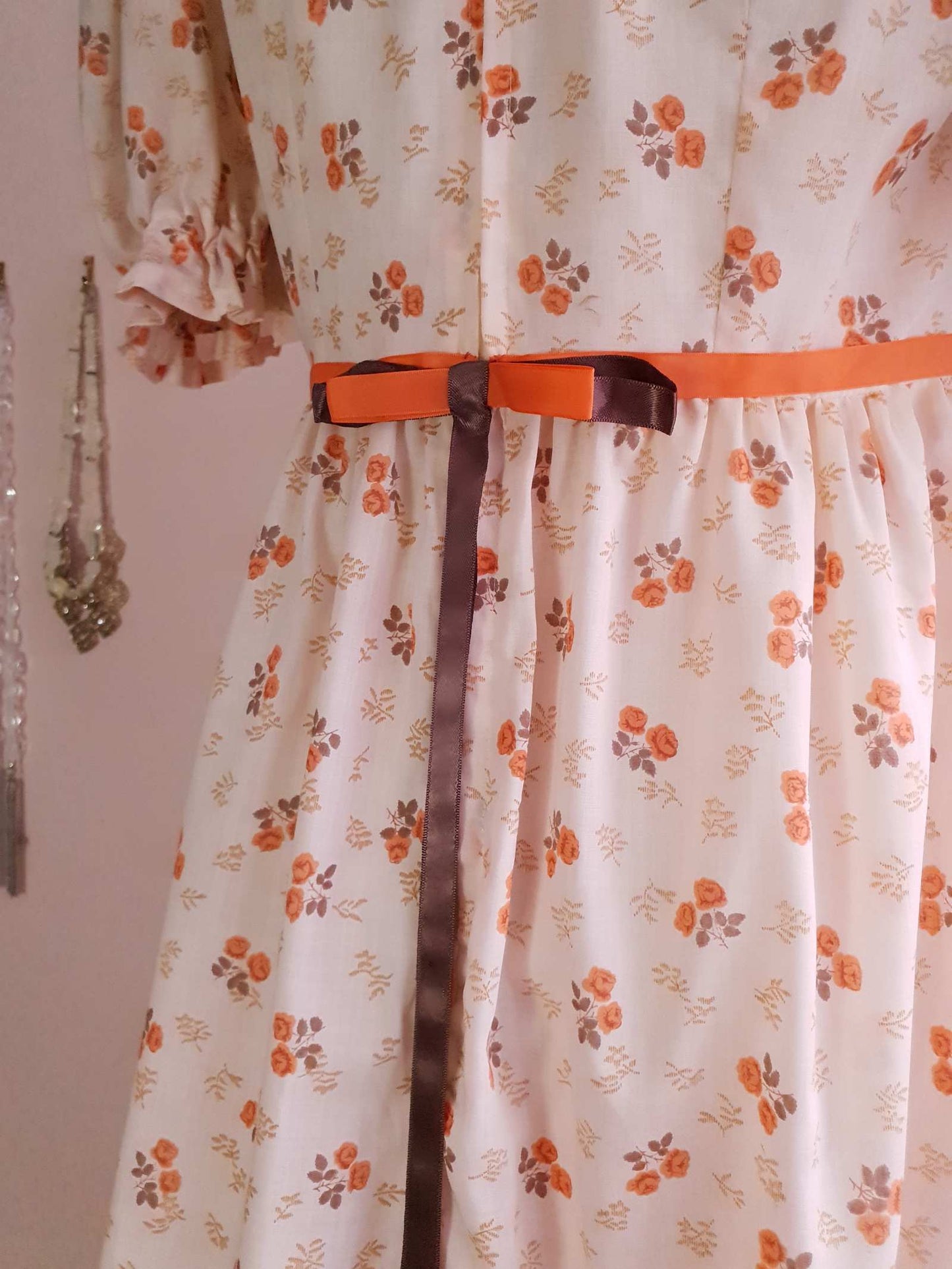 Romantic 70s Vintage Orange Flower Bohemian Prairie Dress - Size 14