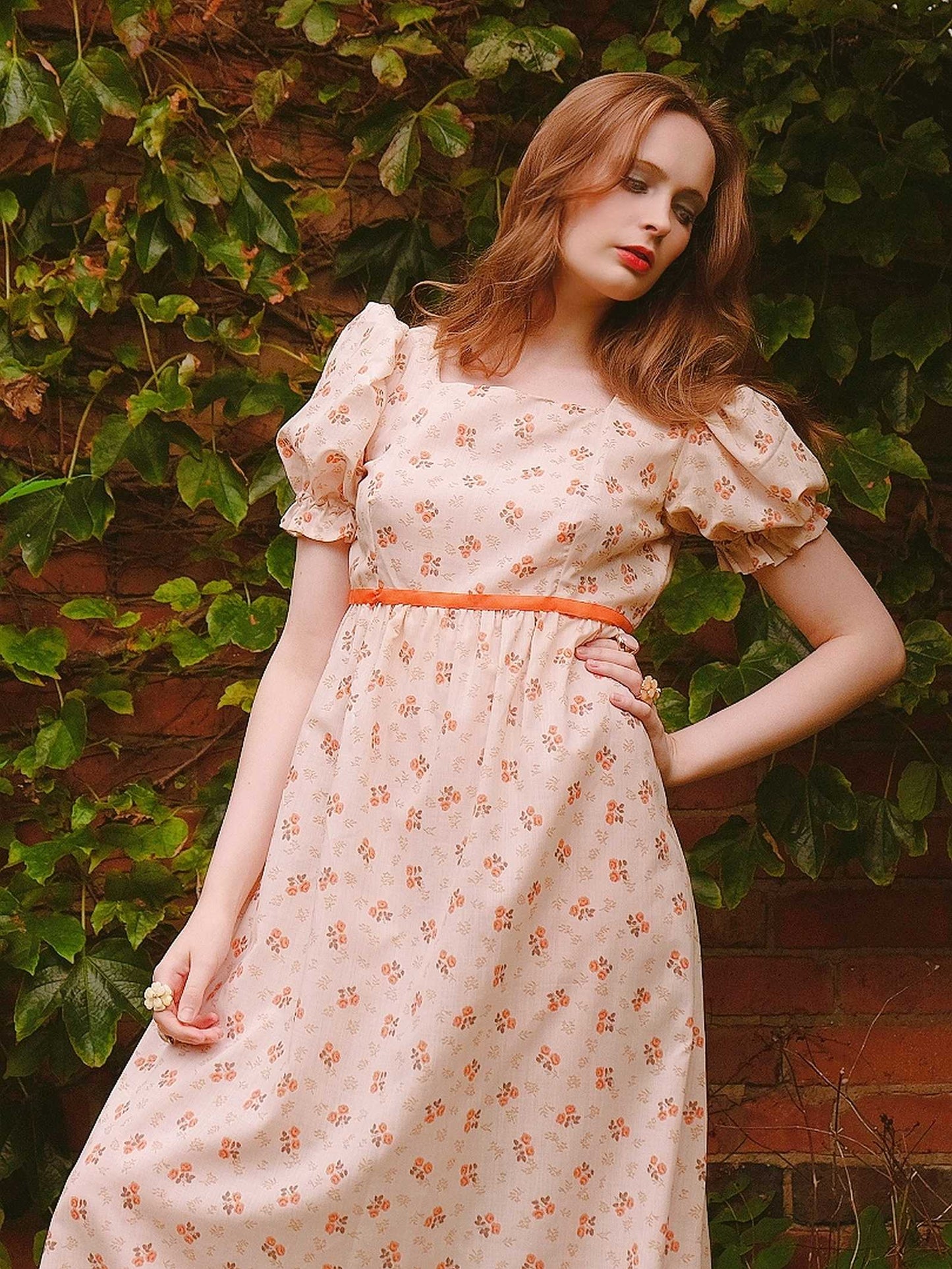 Romantic 70s Vintage Orange Flower Bohemian Prairie Dress - Size 14
