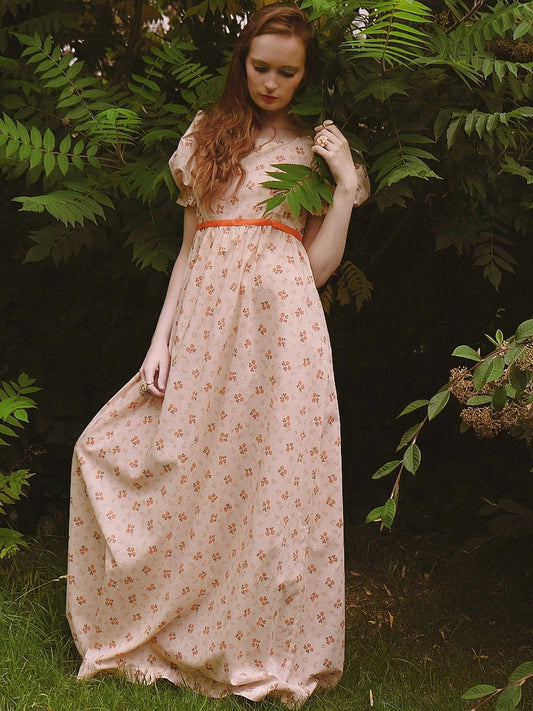 Romantic 70s Vintage Orange Flower Bohemian Prairie Dress - Size 14