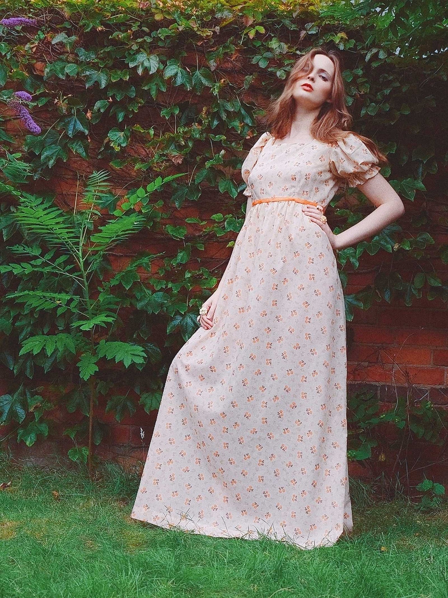 Romantic 70s Vintage Orange Flower Bohemian Prairie Dress - Size 14