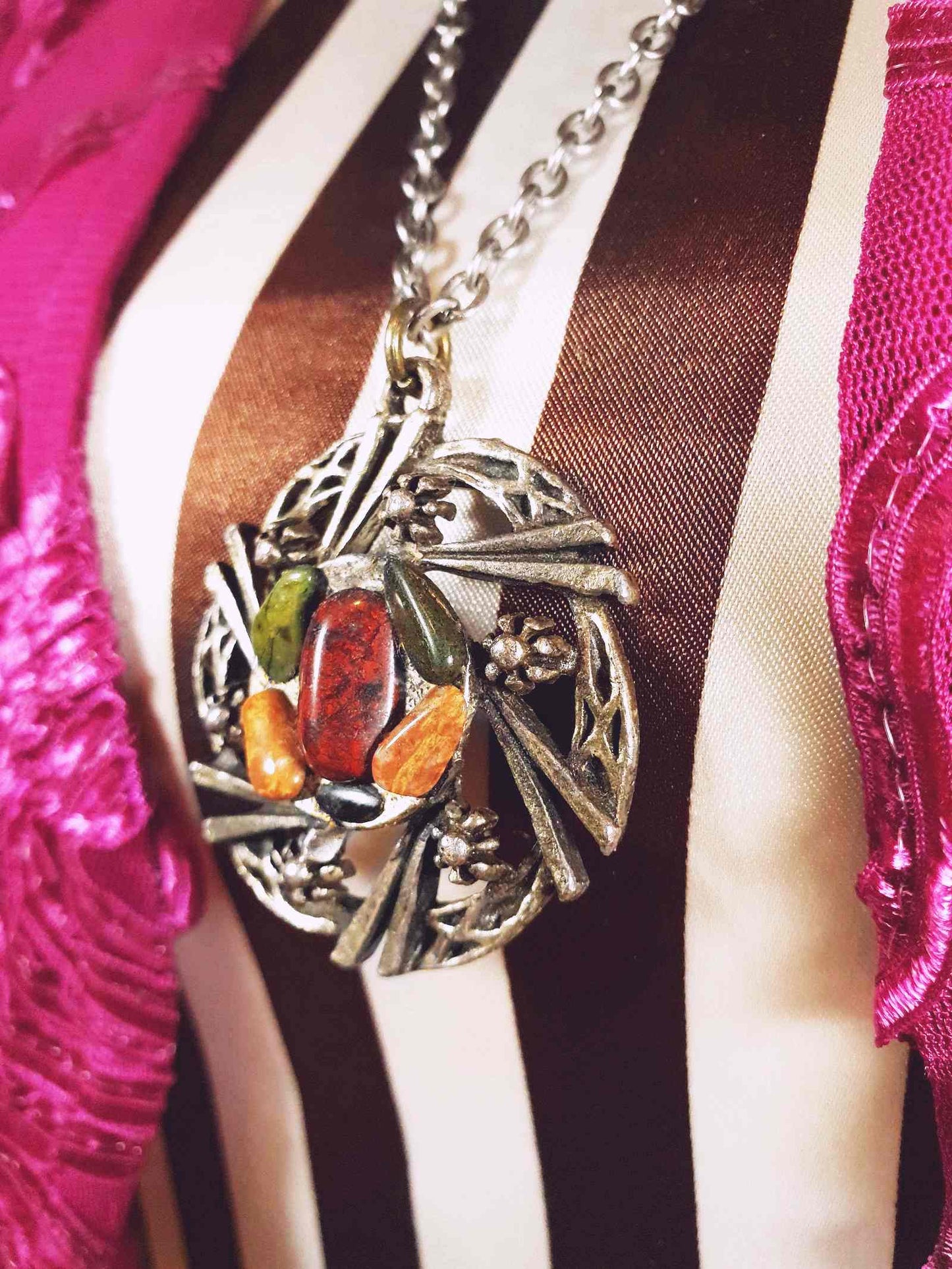 Vintage Jasper Scottish Pewter Artisan Necklace Pendant Gemstone 28" 1970s Celtic