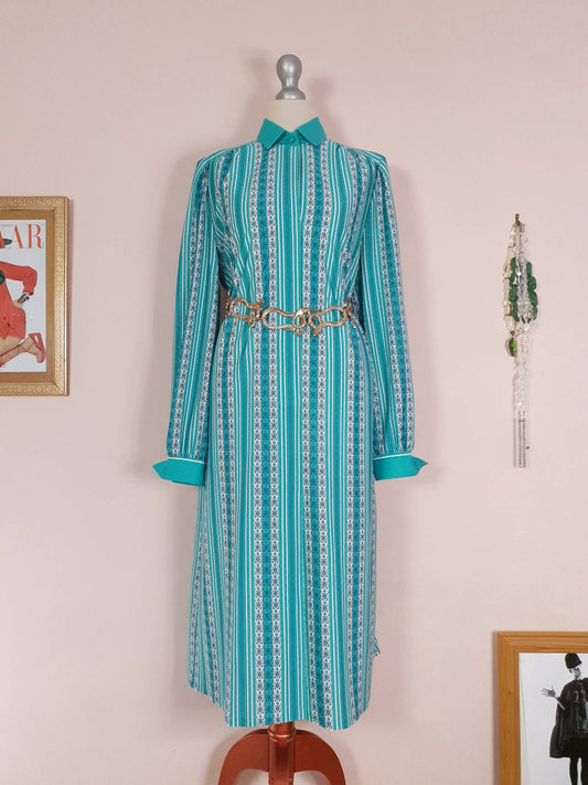 Vintage 1970s Turquoise Striped Dress Retro Midi Floral Size 12/14