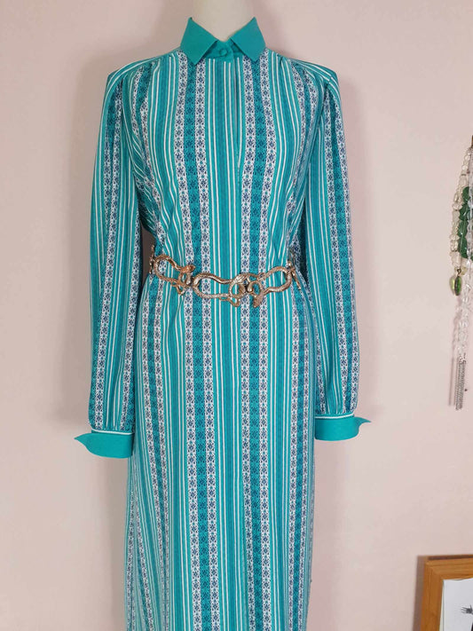 Vintage 1970s Turquoise Striped Dress Retro Midi Floral Size 12/14