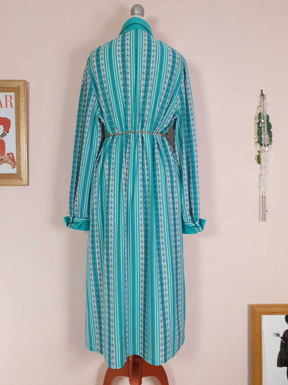 Vintage 1970s Turquoise Striped Dress Retro Midi Floral Size 12/14