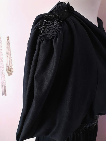 Elegant Vintage 1970s Black Sequin Party Maxi Dress - Size 12/14