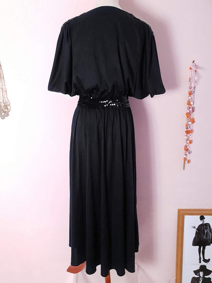 Elegant Vintage 1970s Black Sequin Party Maxi Dress - Size 12/14