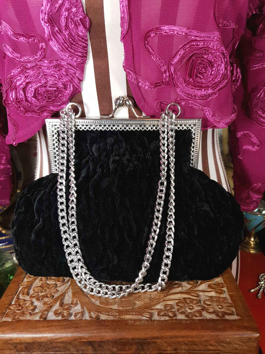 Vintage 1970s Black Velvet Evening Bag Shoulder Handbag Italian