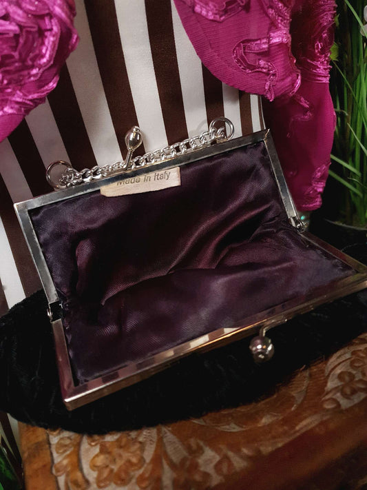 Vintage 1970s Black Velvet Evening Bag Shoulder Handbag Italian