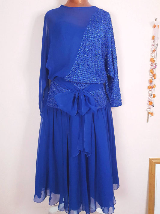 Vintage 1970s Blue Glitter Chiffon Dress Size 8 Party