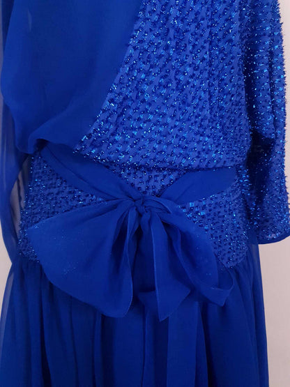 Vintage 1970s Blue Chiffon Dress Size 8 Glitter Party