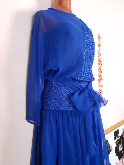 Vintage 1970s Blue Chiffon Dress Size 8 Glitter Party