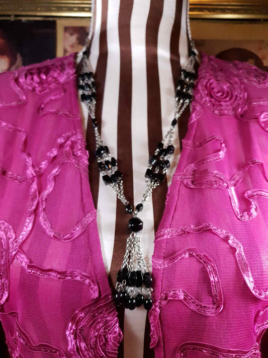 Vintage 1970s Boho Necklace 24" Black Bead Bohemian Silver Tone