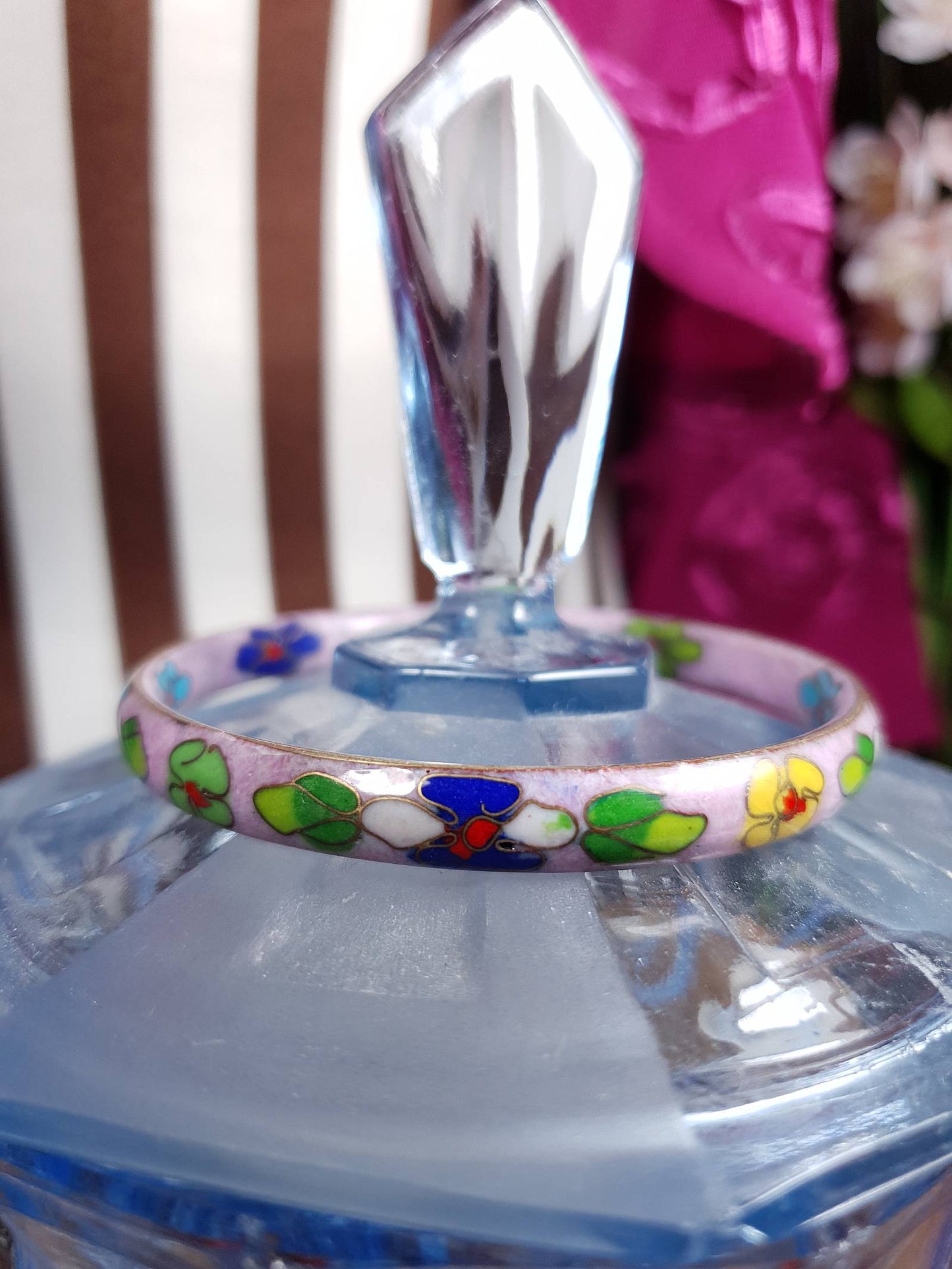 Vintage 1970s Cloisonne Flower Bracelet Bangle Lilac Floral Boho