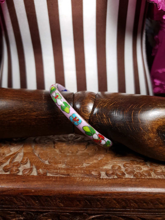 Vintage 1970s Cloisonne Flower Bracelet Bangle Lilac Floral Boho