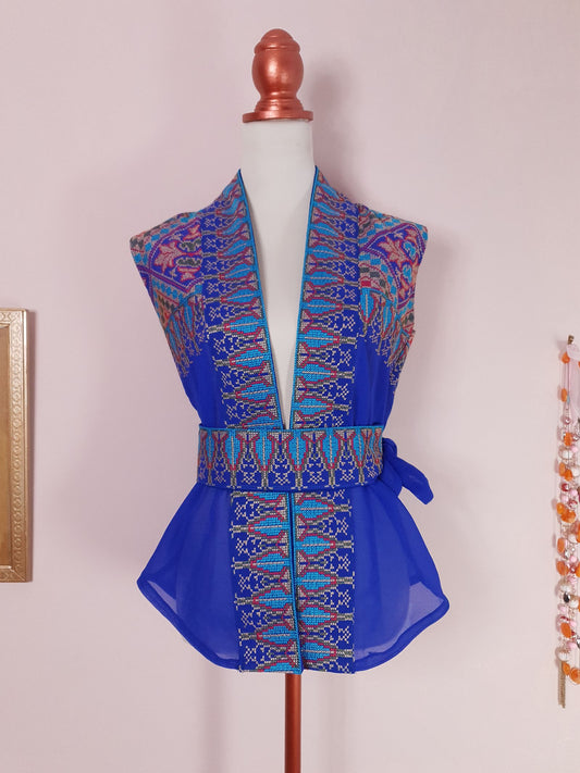 Beautiful Arabian 1970s Azure Blue Chiffon Cross Stitch Blouse Top with Belt - Size 12