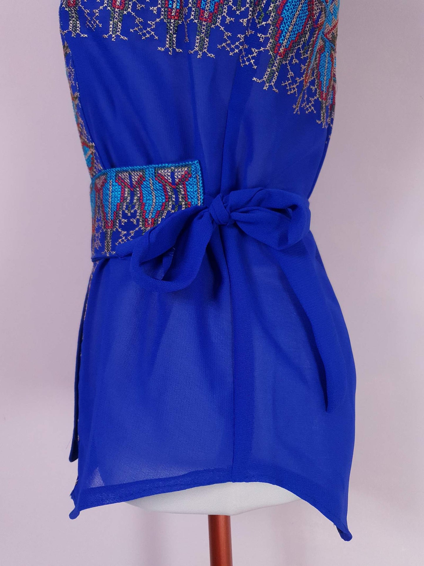Beautiful Arabian 1970s Azure Blue Chiffon Cross Stitch Blouse Top with Belt - Size 12