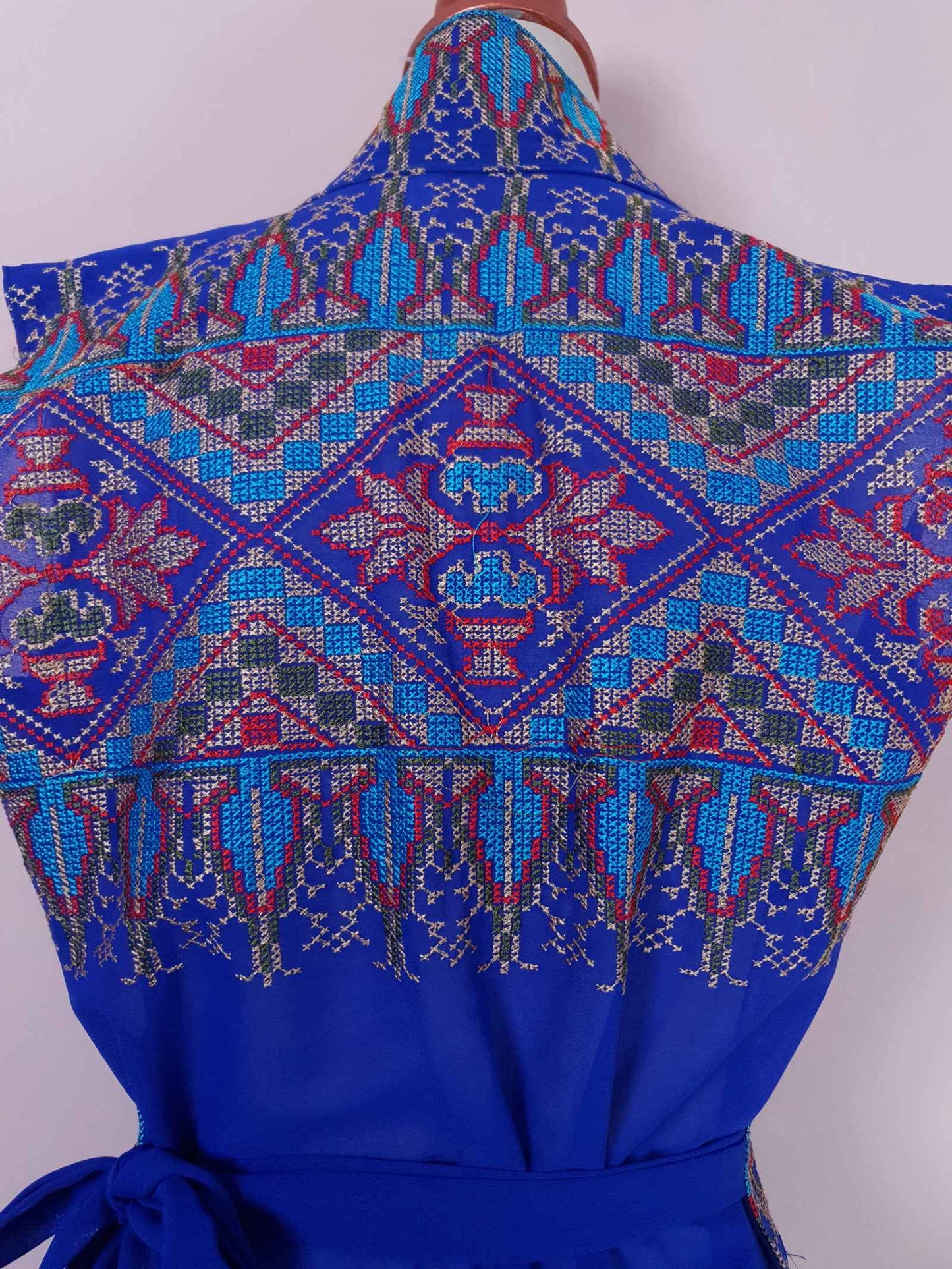 1970s Vintage Boho Blue Top Blouse Chiffon Cross Stitch with Belt - Size 12 Ladies