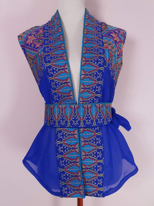 1970s Vintage Boho Blue Top Blouse Chiffon Cross Stitch with Belt - Size 12 Ladies