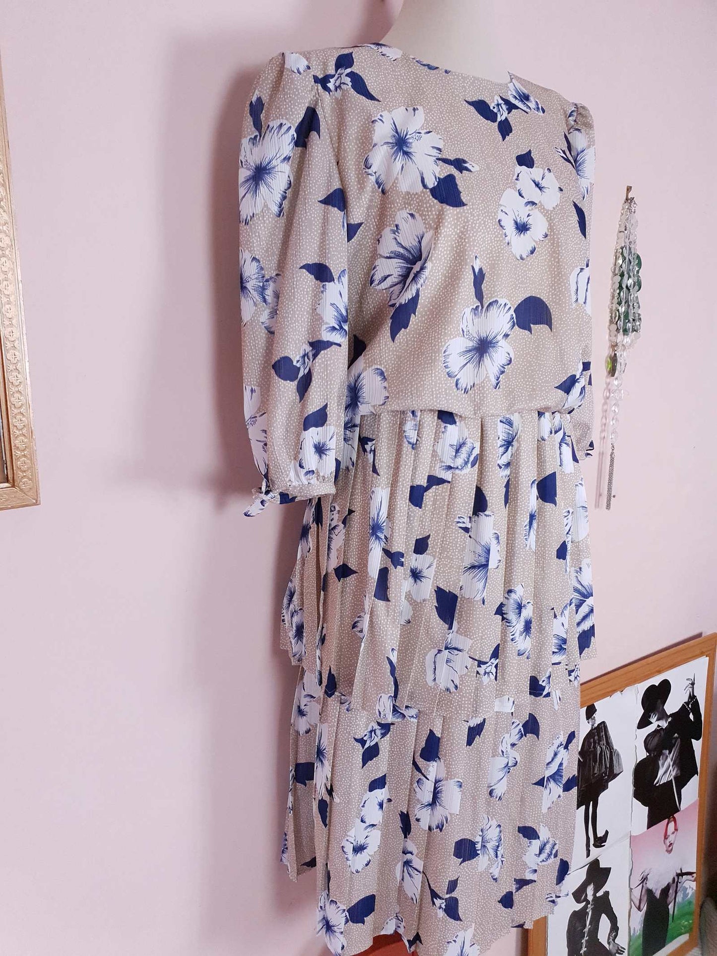 Vintage 1970s Pleated Dress Midi Blue Floral Beige Polka Dot Summer