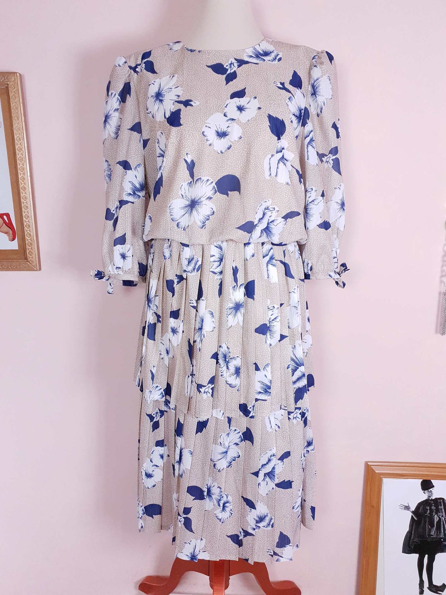 Vintage 1970s Pleated Dress Midi Blue Floral Beige Polka Dot Summer
