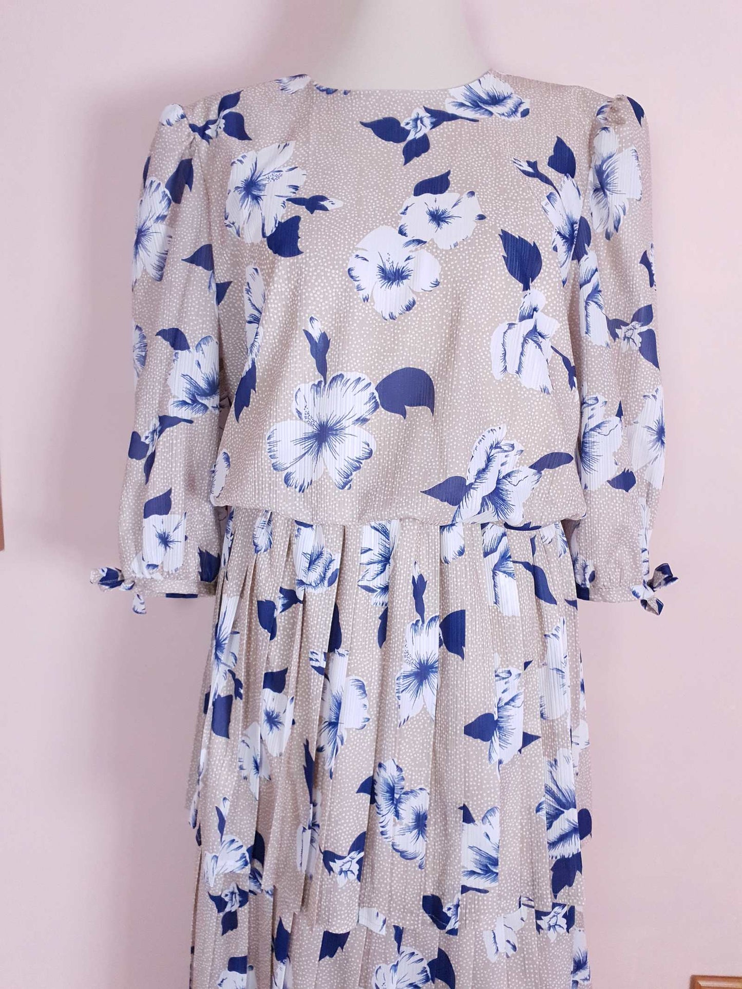 Vintage 1970s Pleated Dress Midi Blue Floral Beige Polka Dot Summer