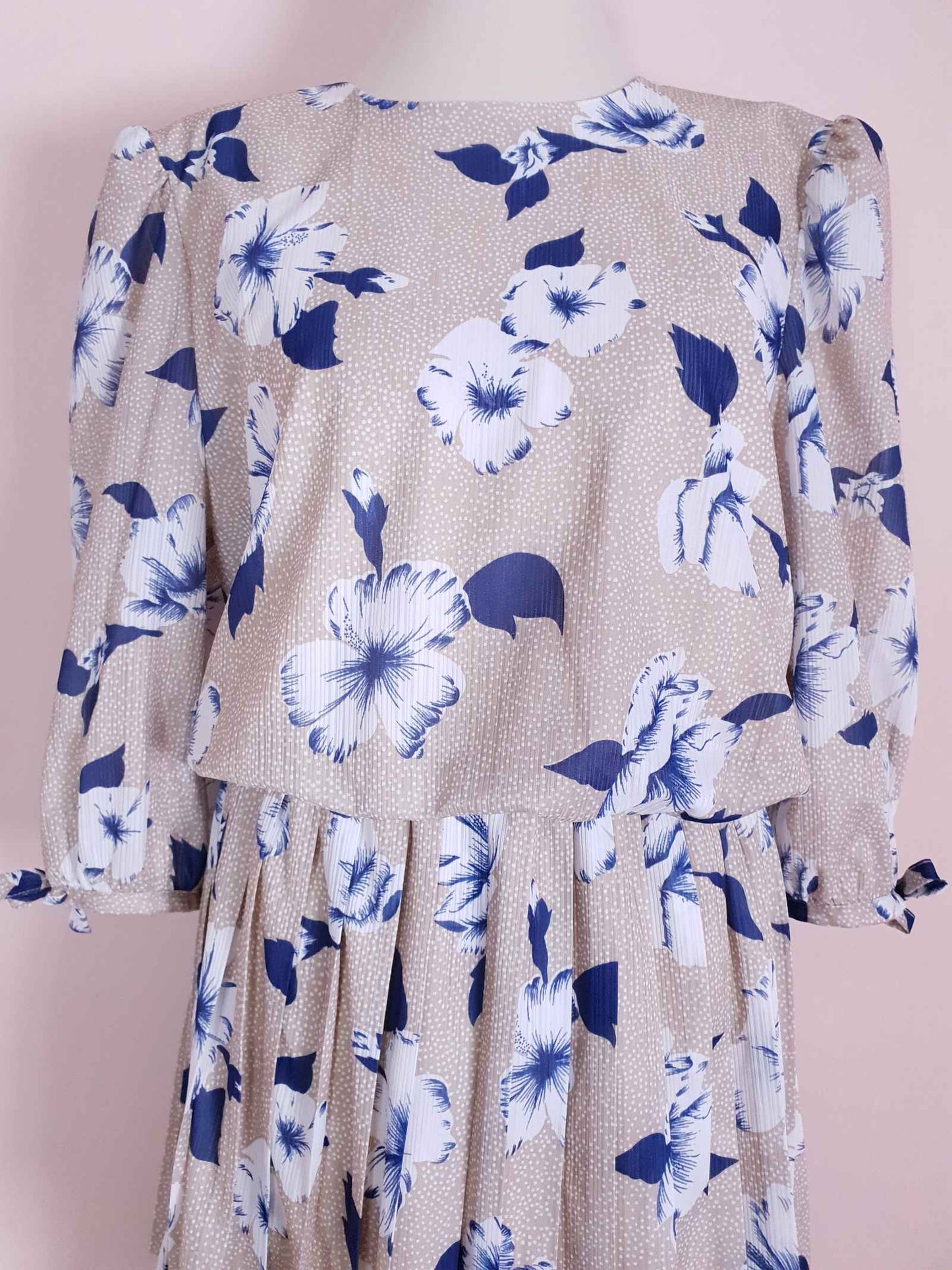 Vintage 1970s Pleated Dress Midi Blue Floral Beige Polka Dot Summer