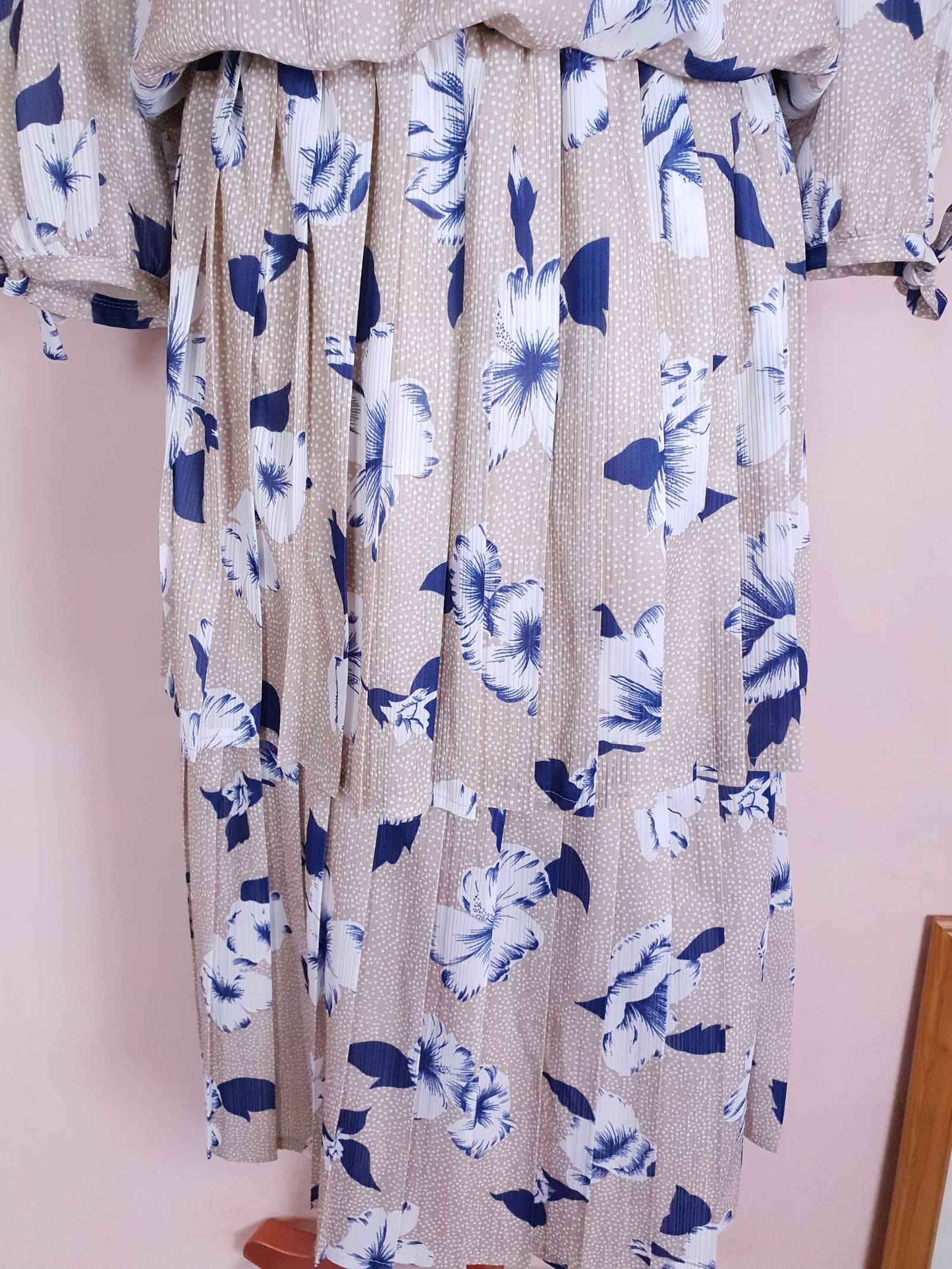 Vintage 1970s Pleated Dress Midi Blue Floral Beige Polka Dot Summer