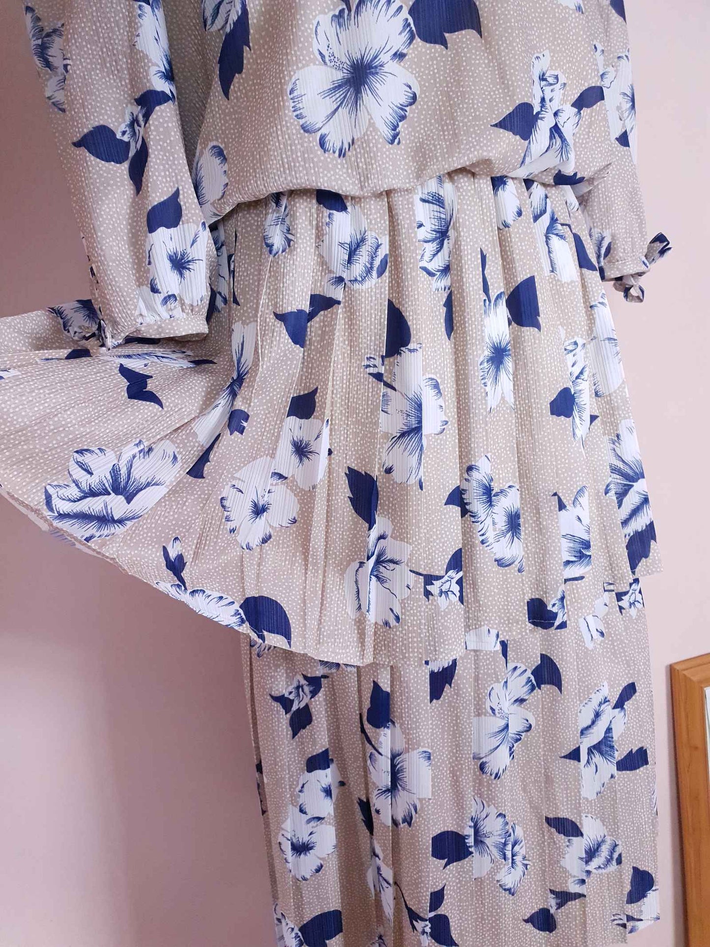 Vintage 1970s Pleated Dress Midi Blue Floral Beige Polka Dot Summer