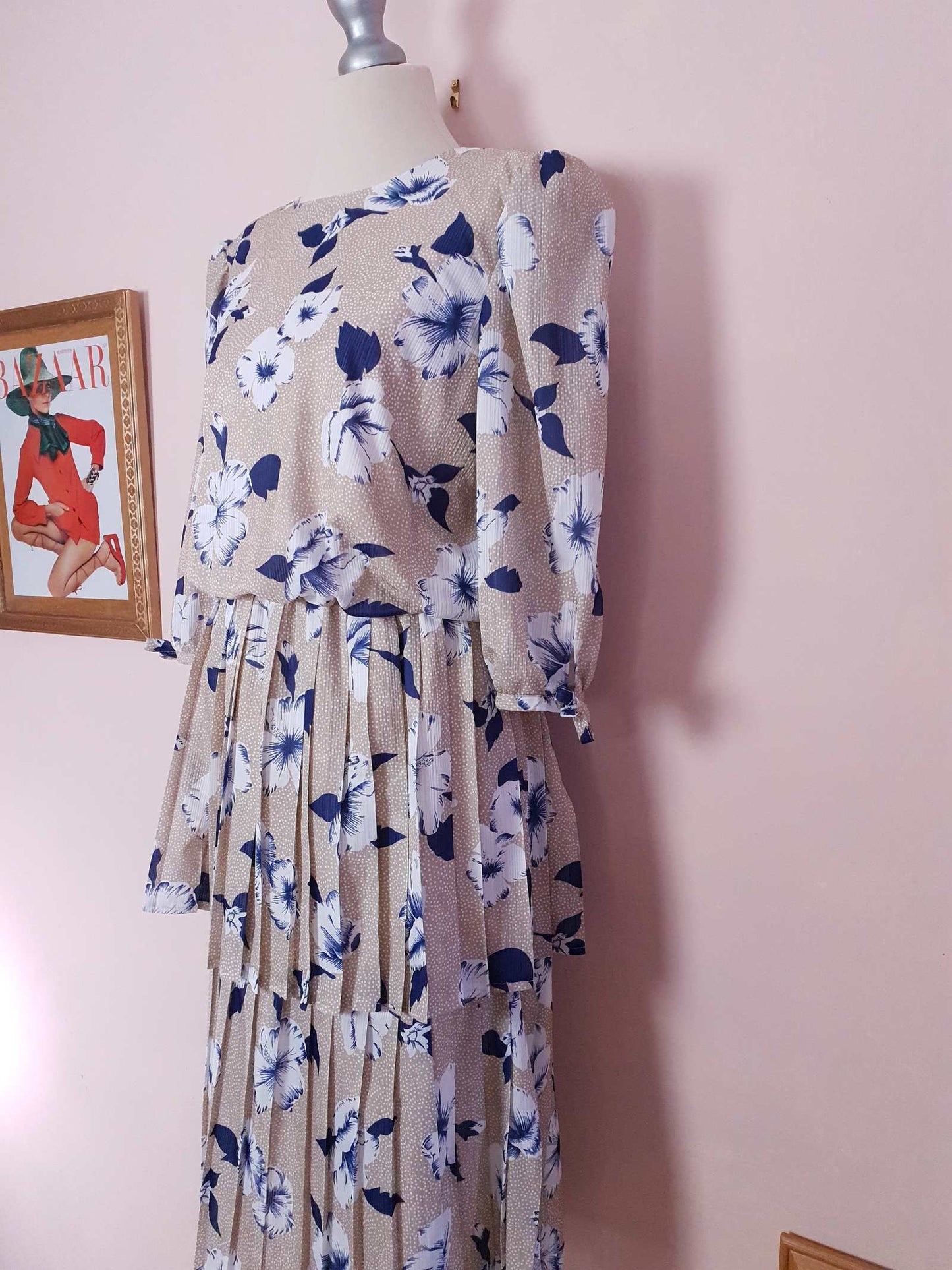 Vintage 1970s Pleated Dress Midi Blue Floral Beige Polka Dot Summer