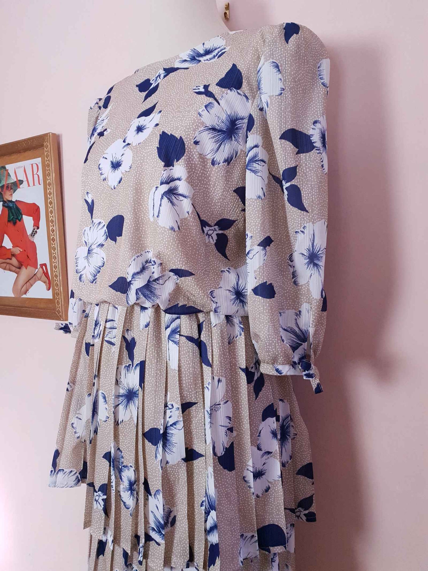 Vintage 1970s Pleated Dress Midi Blue Floral Beige Polka Dot Summer