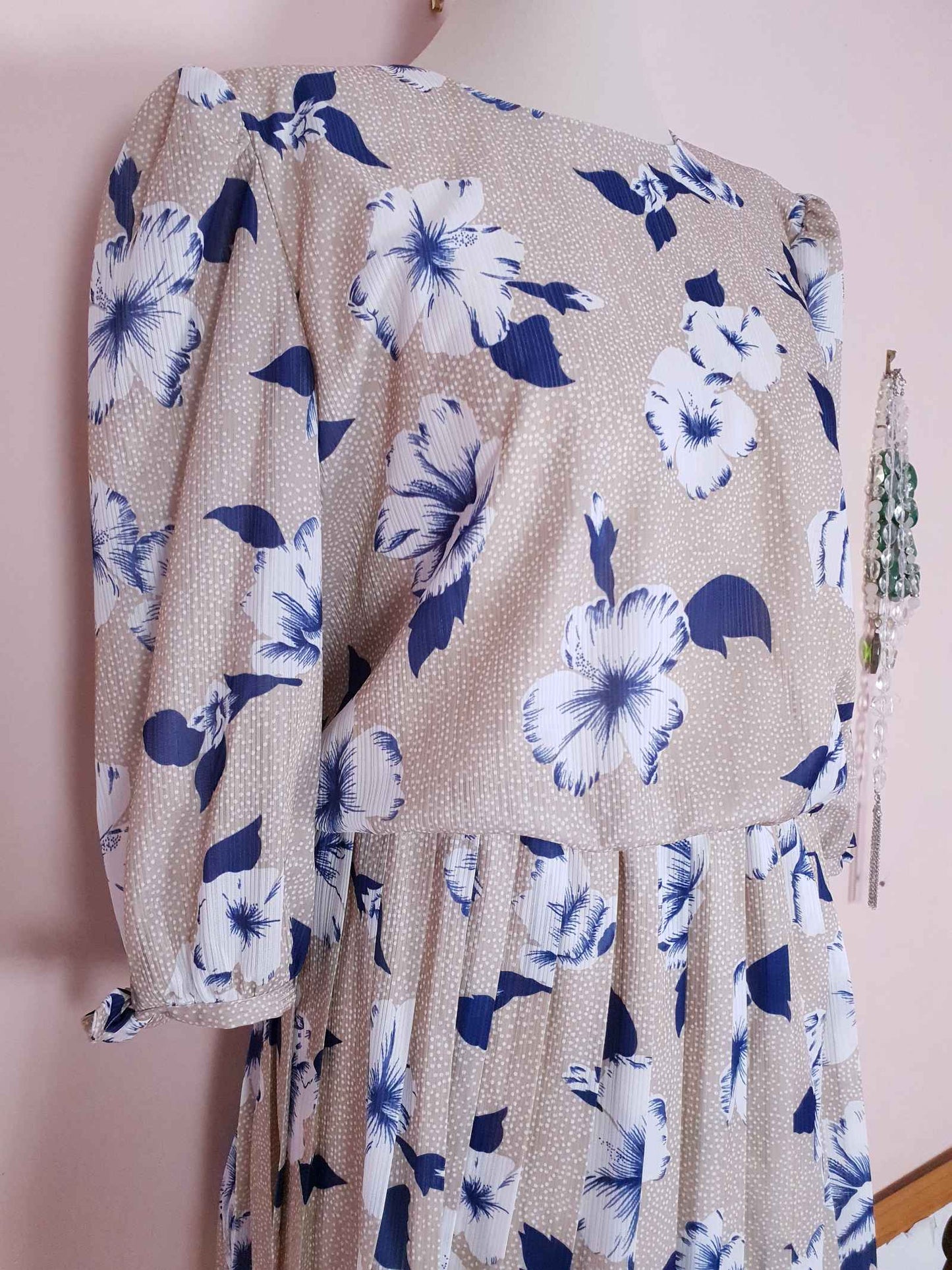 Vintage 1970s Pleated Dress Midi Blue Floral Beige Polka Dot Summer