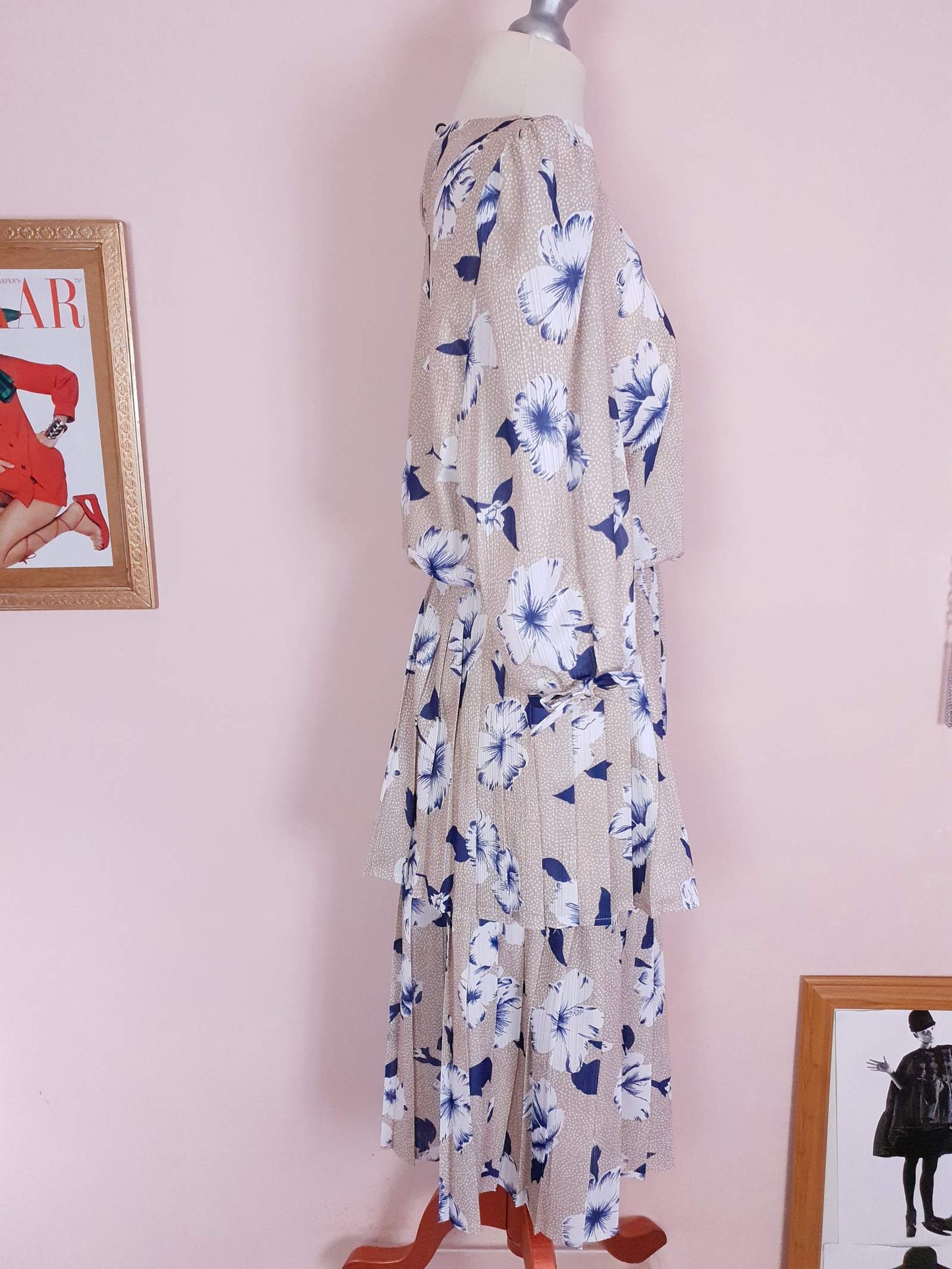 Vintage 1970s Pleated Dress Midi Blue Floral Beige Polka Dot Summer