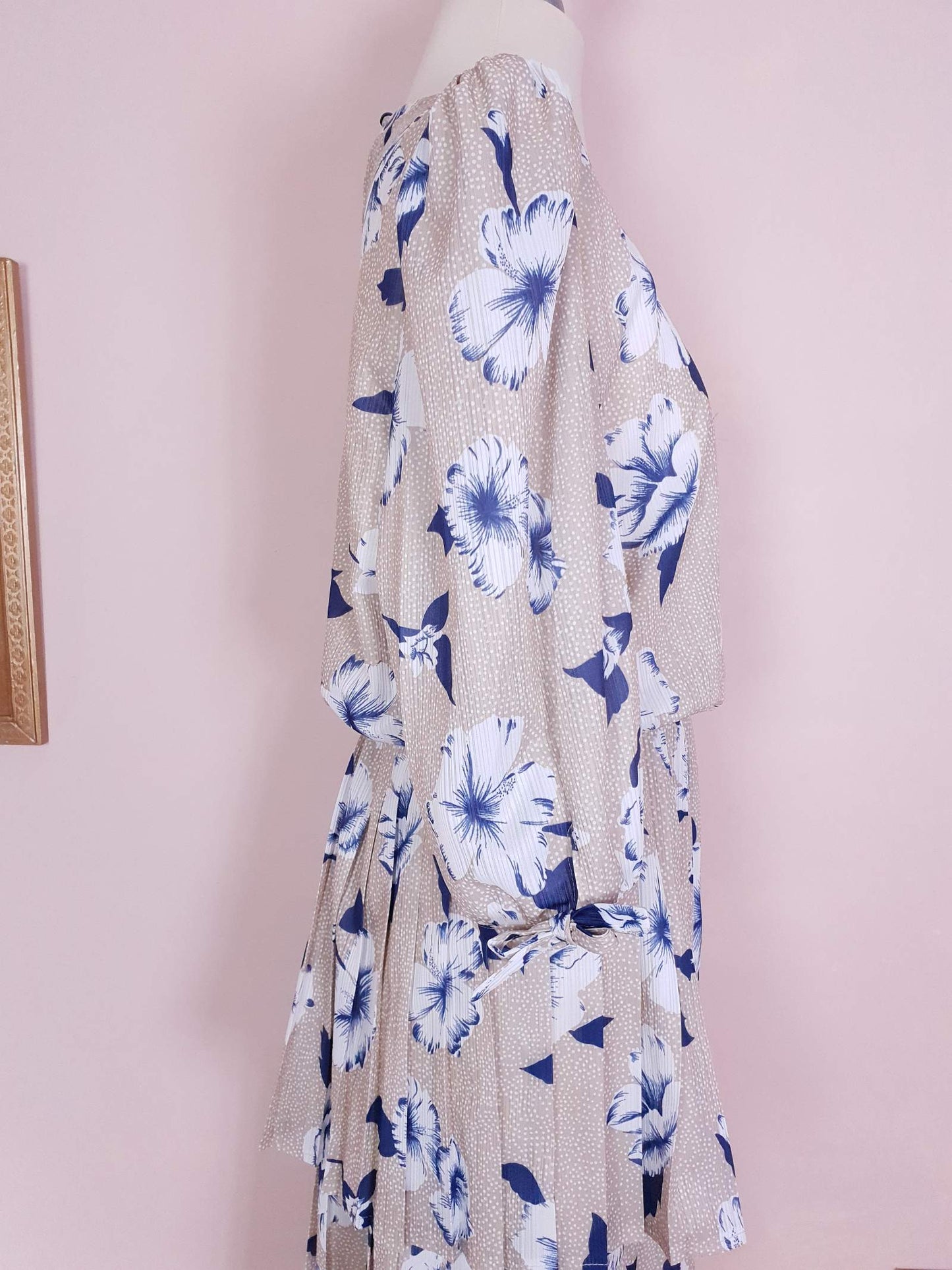 Vintage 1970s Pleated Dress Midi Blue Floral Beige Polka Dot Summer