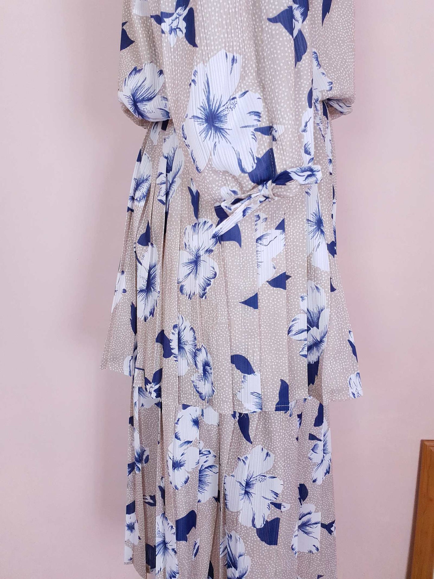 Vintage 1970s Pleated Dress Midi Blue Floral Beige Polka Dot Summer