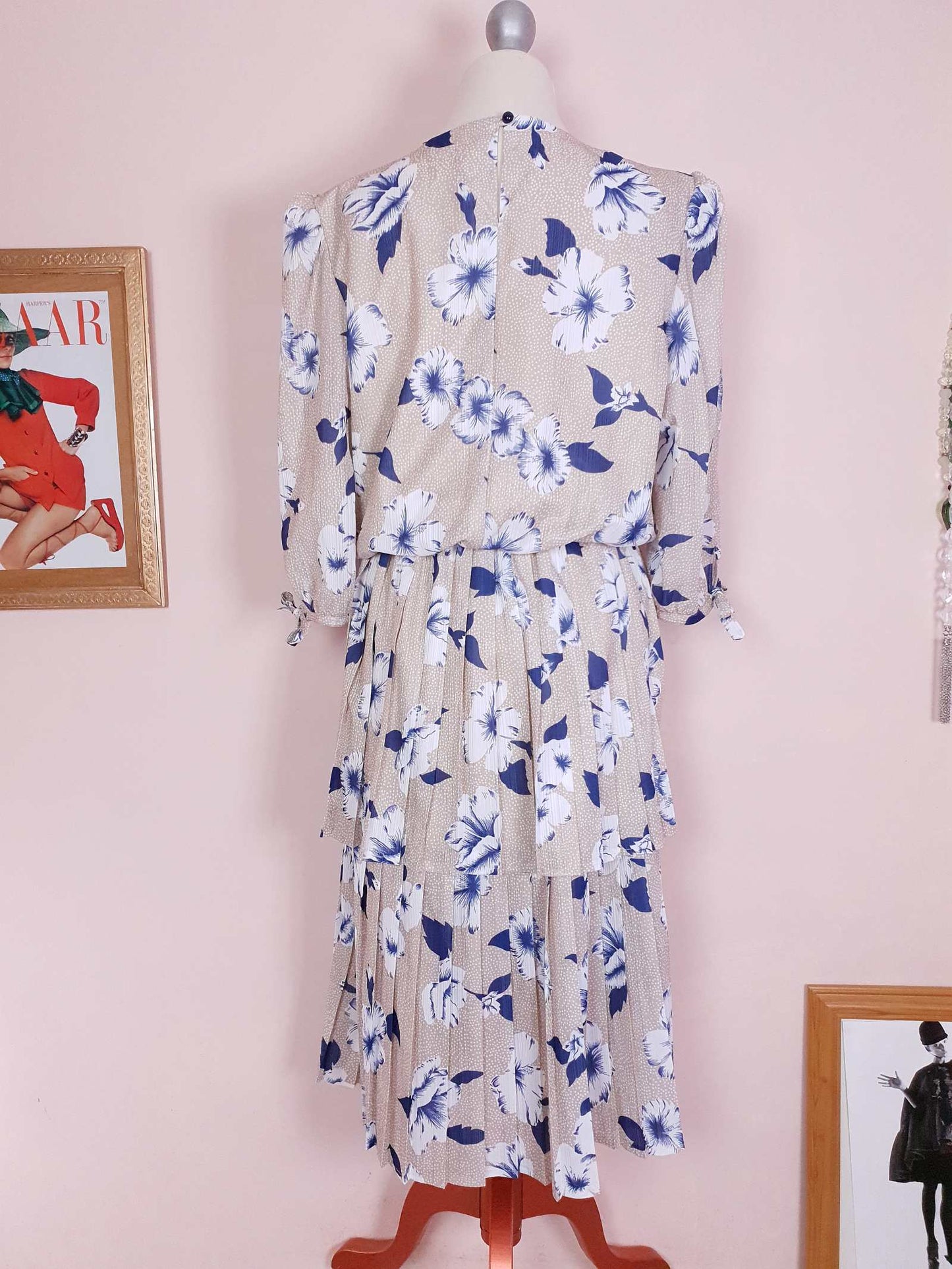 Vintage 1970s Pleated Dress Midi Blue Floral Beige Polka Dot Summer