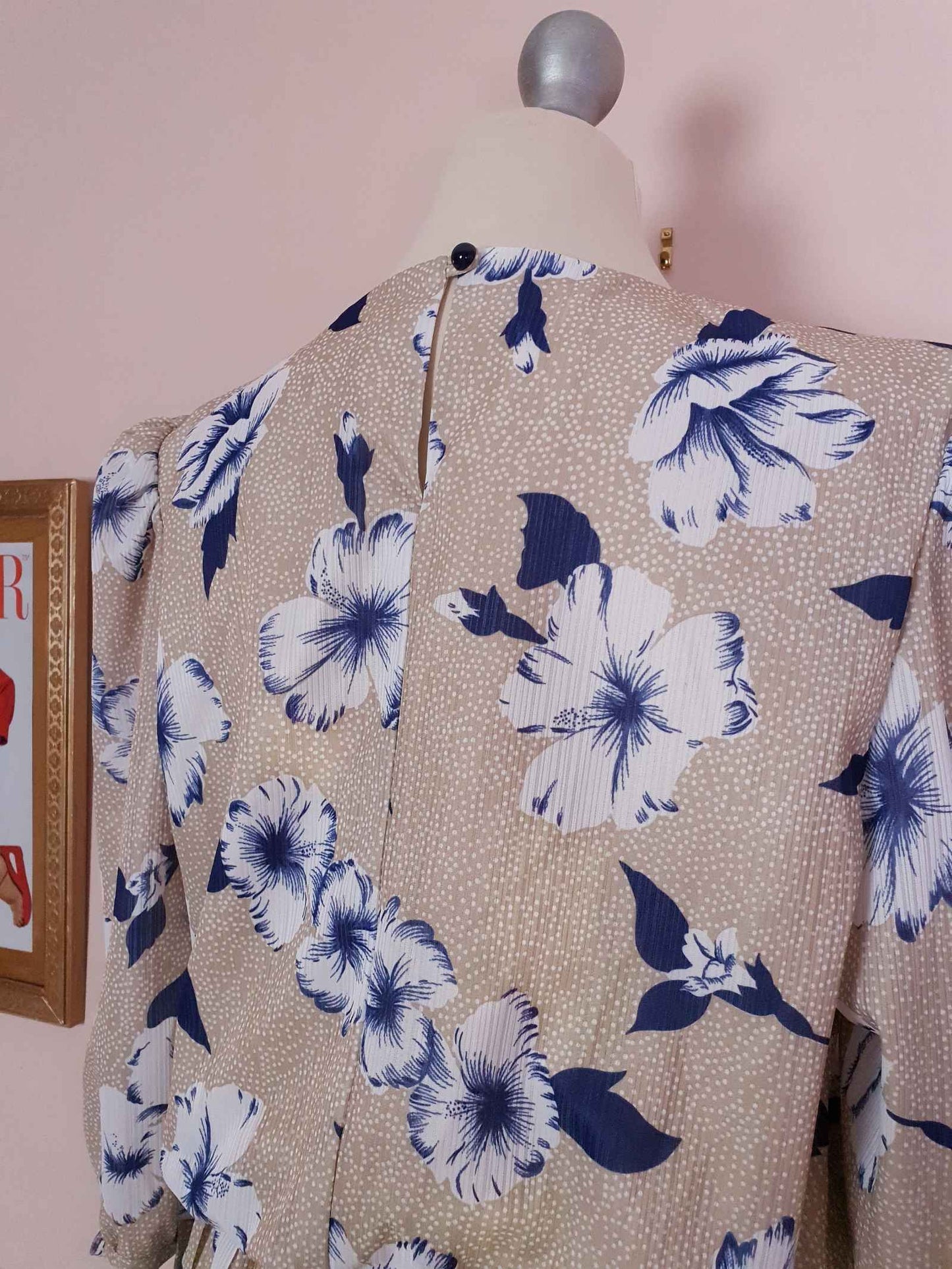 Vintage 1970s Pleated Dress Midi Blue Floral Beige Polka Dot Summer