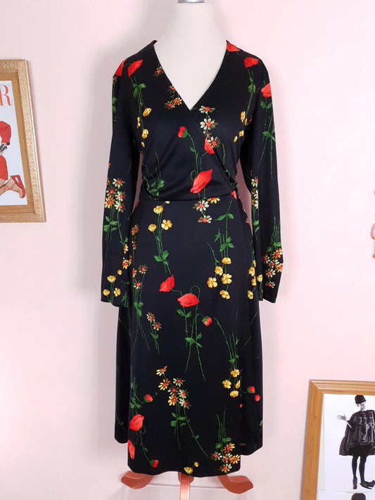 Vintage 1970s Black Floral Wrap Dress Midi Poppies Buttercup Daisies Flowers Retro