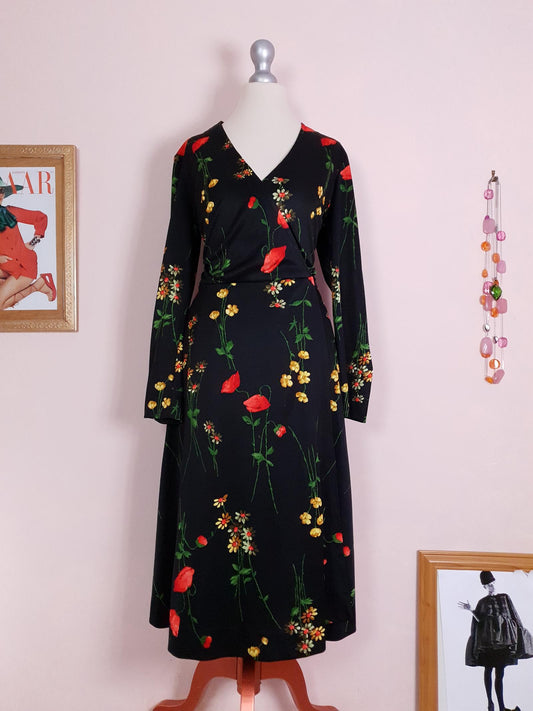 Vintage 1970s Black Floral Wrap Dress Midi Poppies Buttercup Daisies Flowers Retro