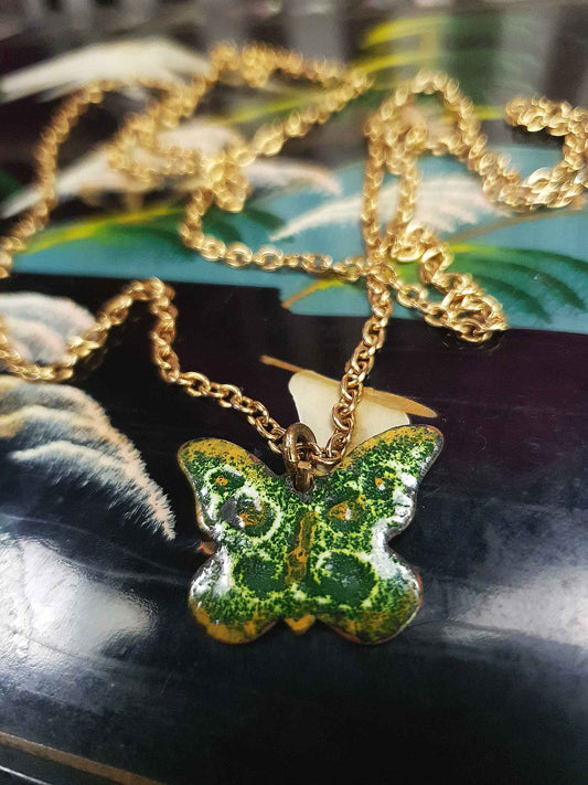 Vintage Green Enamel Butterfly Pendant Necklace 26" 1970s Retro