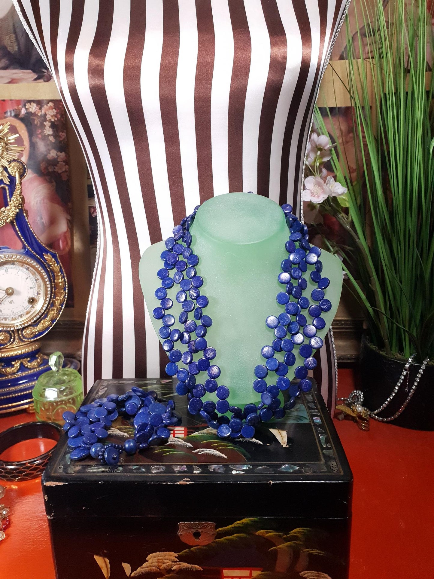 Vintage 1970s Indigo Blue Necklace Bracelet Set Demi Parure Boho Bohemian