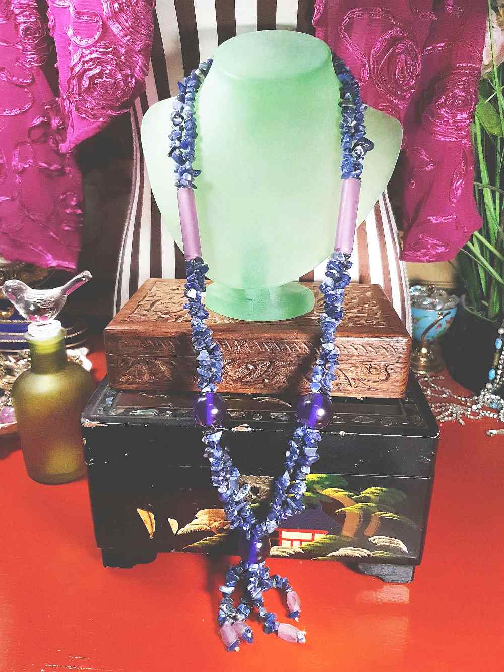 Vintage 1970s Purple Blue Lapis Lazuli Necklace Boho Statement Bohemian Gemstone