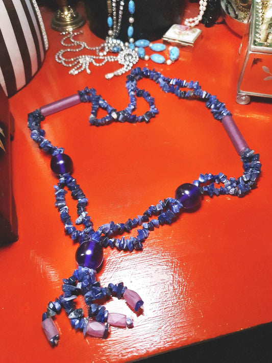 Vintage 1970s Purple Blue Lapis Lazuli Necklace Boho Statement Bohemian Gemstone