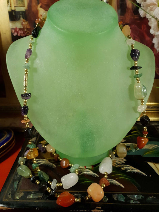 Vintage Gemstone 1970s Necklace 32" - Brass Jade Amethyst Onyx Jasper Carnelian