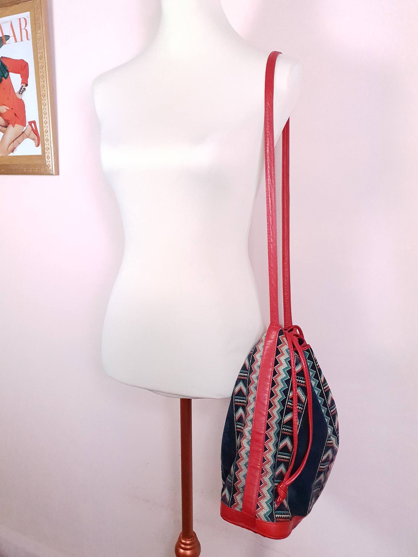 Vintage Navy Suede Leather Shoulder Bag 1970s Italian Handbag Aztec Boho