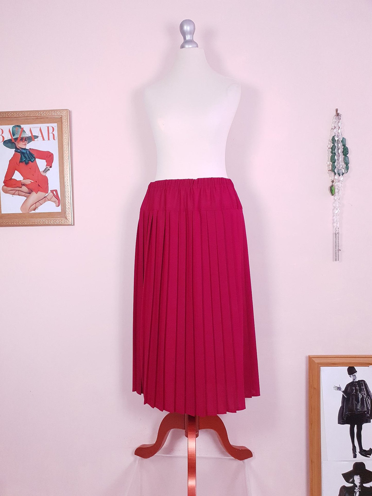 Vintage 1970s Red Pleated Skirt Midi Size 14 Retro 70s