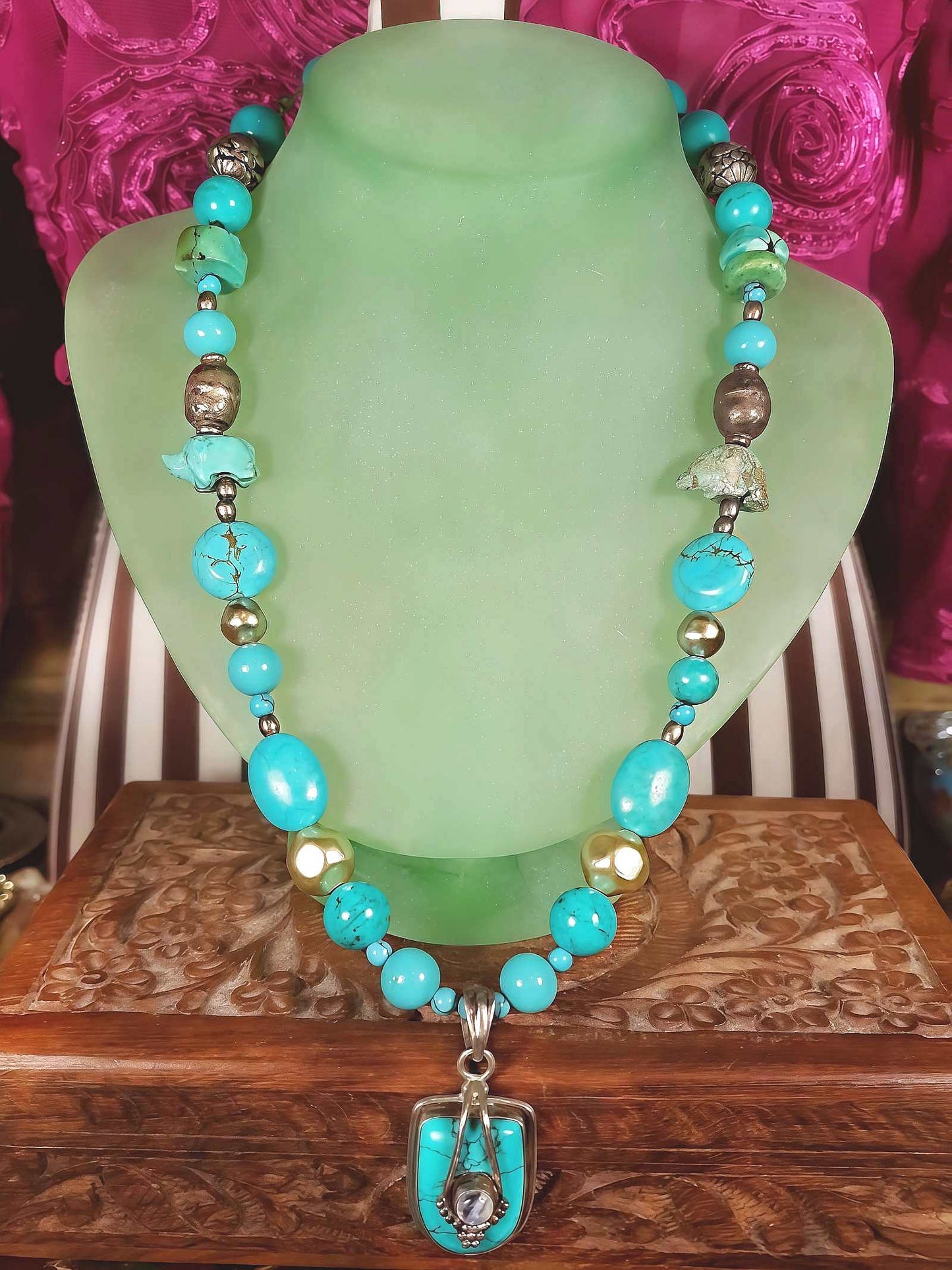 Vintage 1970s Sterling Silver Turquoise Necklace 19.5" Boho Artisan Bohemian 925
