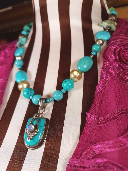 Vintage 1970s Sterling Silver Turquoise Necklace 19.5" Boho Artisan Bohemian 925