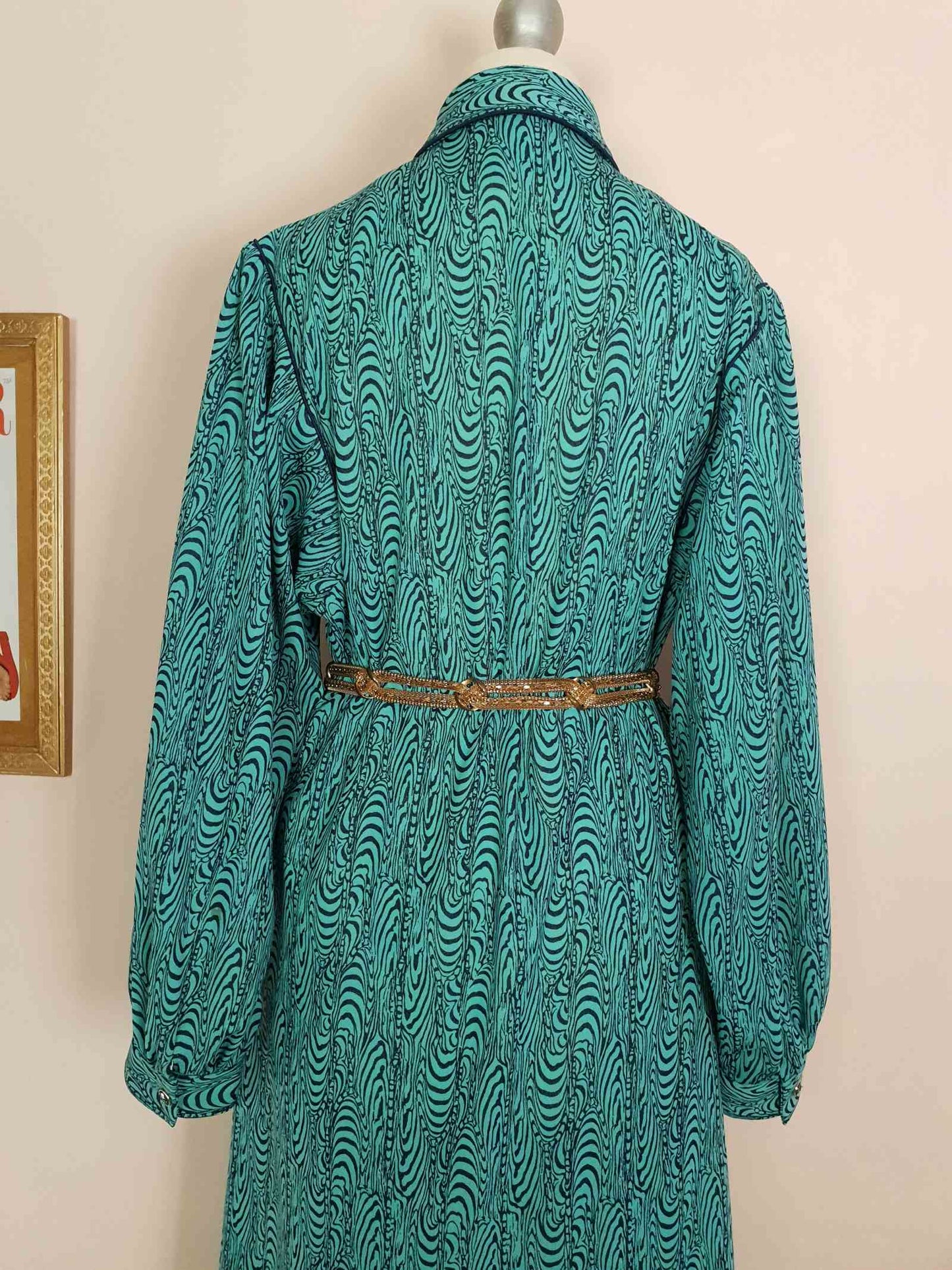 Vintage 1970s Turquoise Dress Retro Navy Blue Pattern Midi - Size 14