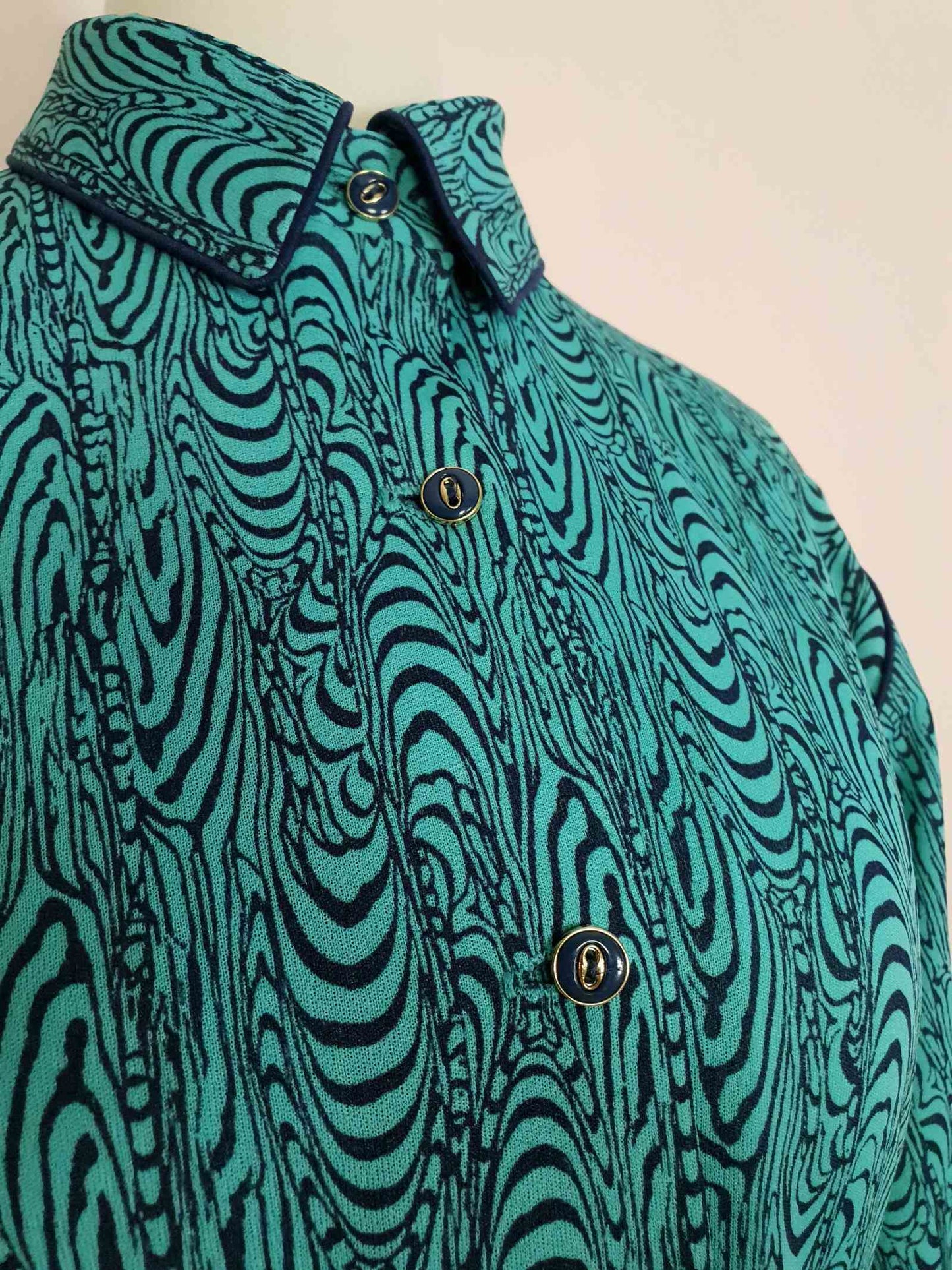 Vintage 1970s Turquoise Dress Retro Navy Blue Pattern Midi - Size 14