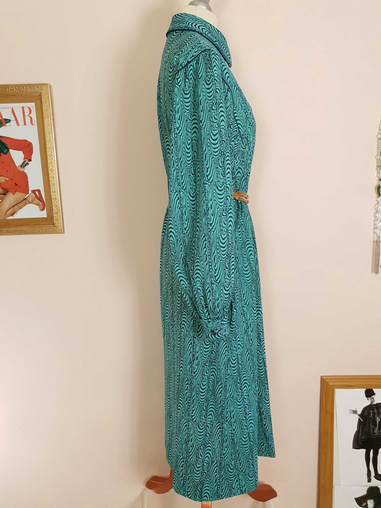 Vintage 1970s Turquoise Dress Retro Navy Blue Pattern Midi - Size 14
